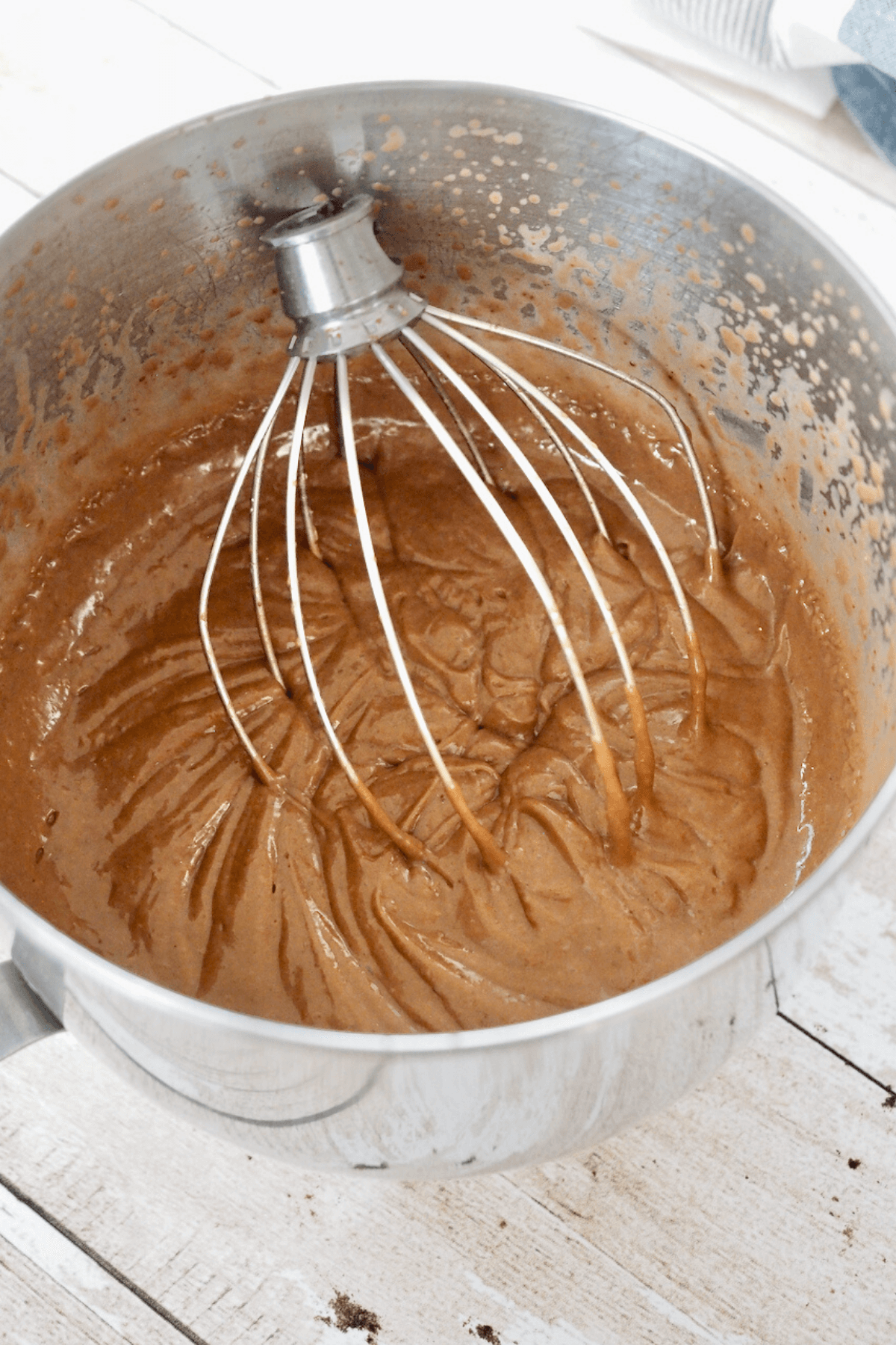 Whisk attachment in thickened chocolate pudding. 