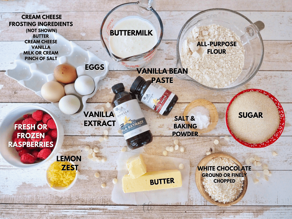 Labeled ingredients for White chocolate raspberry bundt cake, copycat nothing bundt cake recipe.