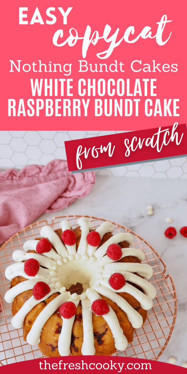 Copycat White Chocolate Raspberry Nothing Bundt Cake image of top down shot of decorated bundt cake with fresh raspberries.