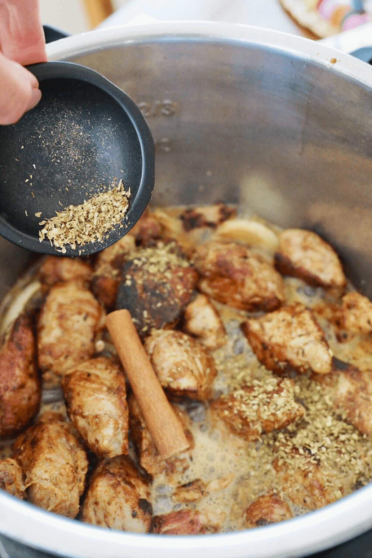 Add dried oregano and cinnamon stick to instant pot. 