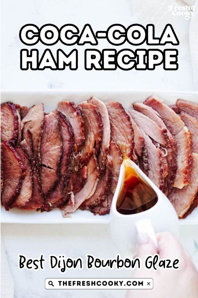 A platter of cola glazed ham slices with a hand pouring bourbon cola glaze over the top, for pinning.