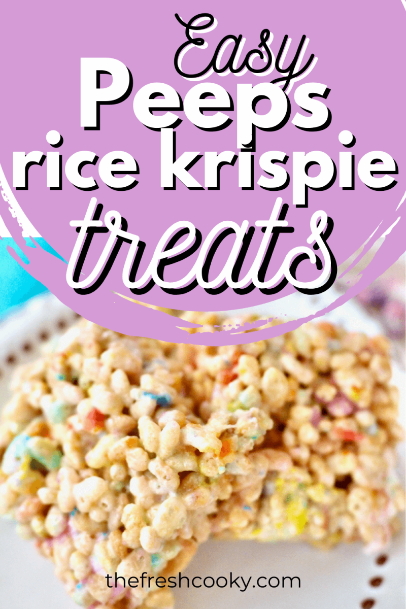 Pin for Easy Peeps Rice Krispie Treats with image of 3 squares of Rice Krispie treats in pan.