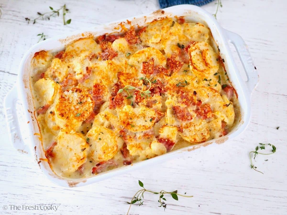 A white Staub baking dish filled with golden, cheesy, bubbly scalloped potatoes with ham. 