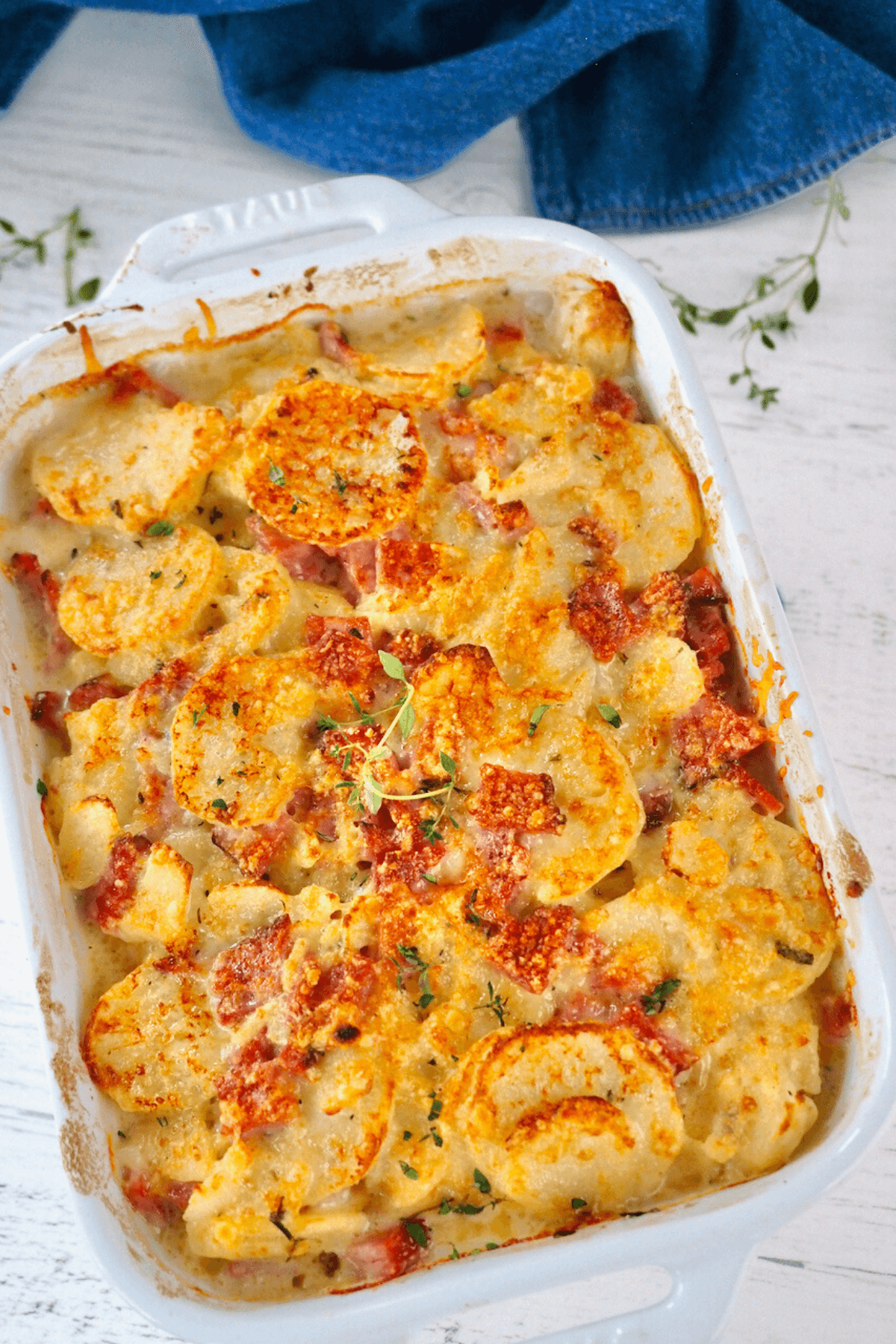 Golden brown and bubbly Instant Pot Scalloped potatoes with ham.