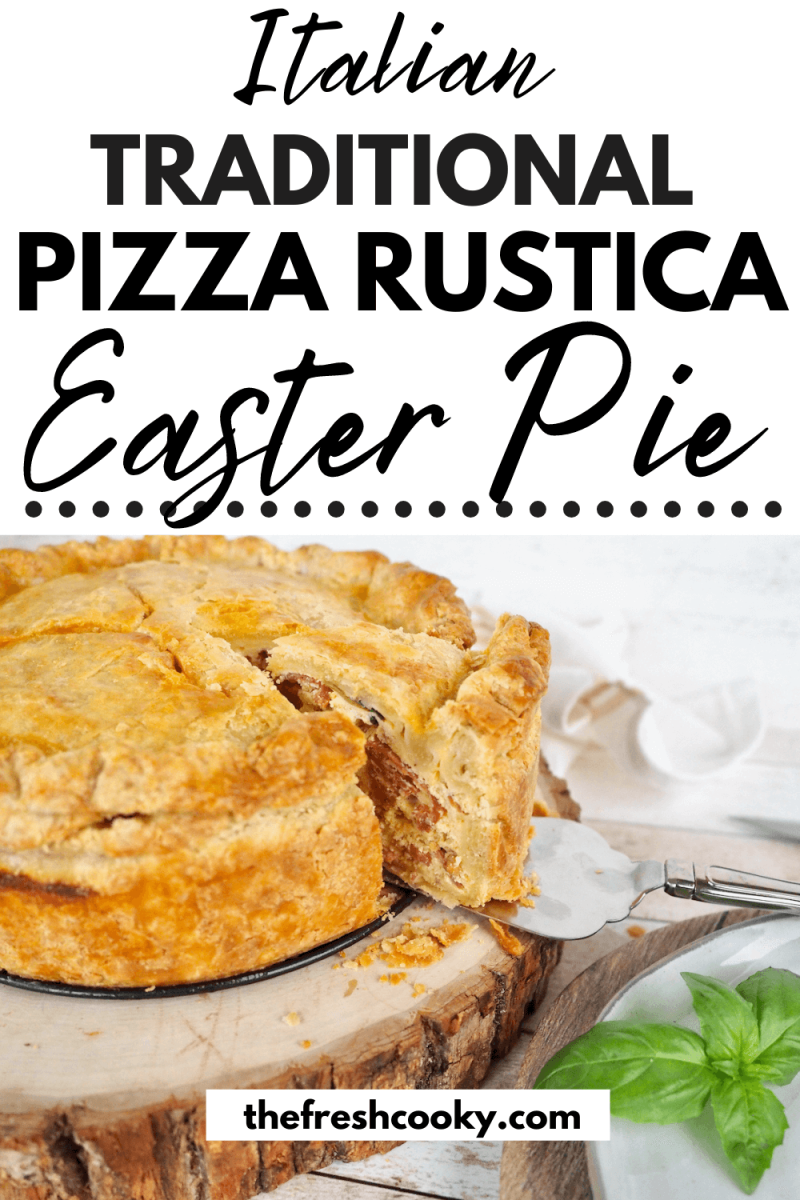 Traditional Pizza Rustica Easter Pie, whole pie sitting on tray with server pulling a slice out.