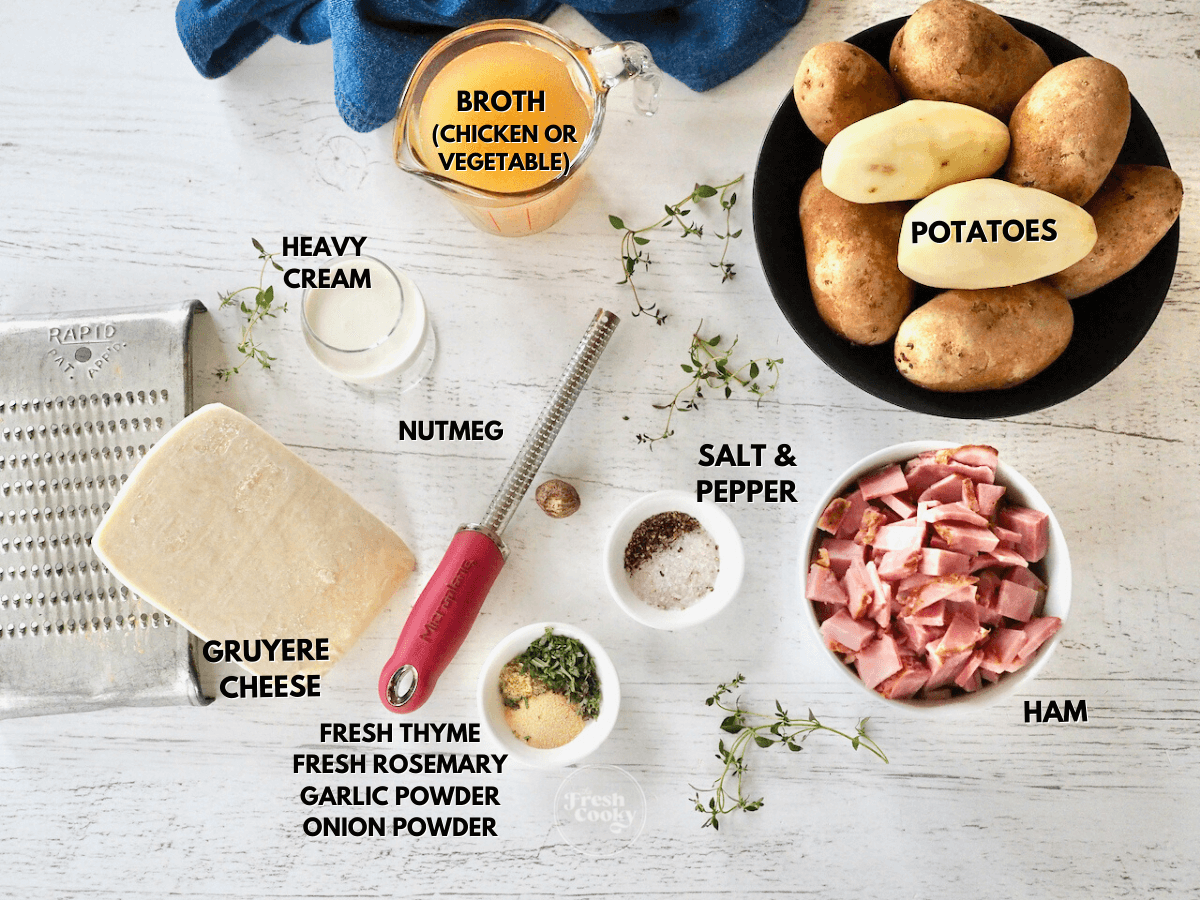Labeled ingredients for Instant Pot scalloped potatoes with ham.