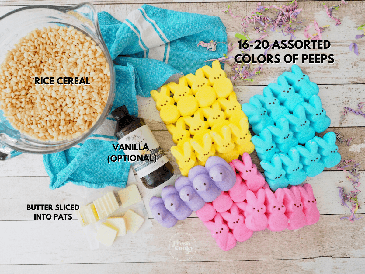 Image of labeled ingredients of Peeps Rice Krispie Treats.