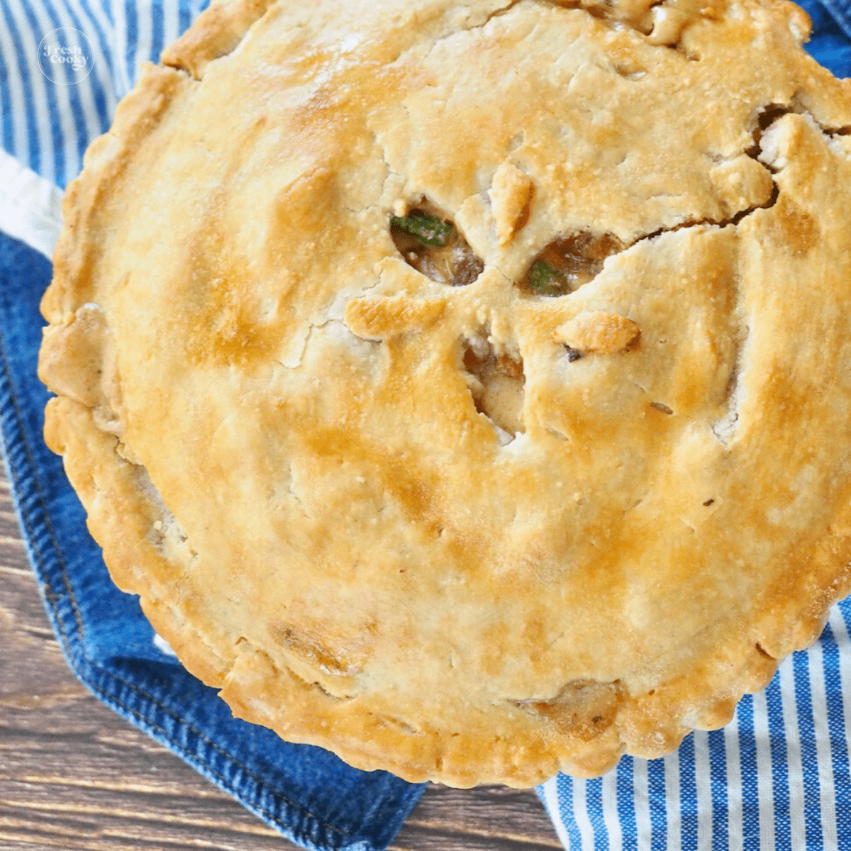 Ham Pot pie top down shot, of entire pie after baking, golden and bubbly.