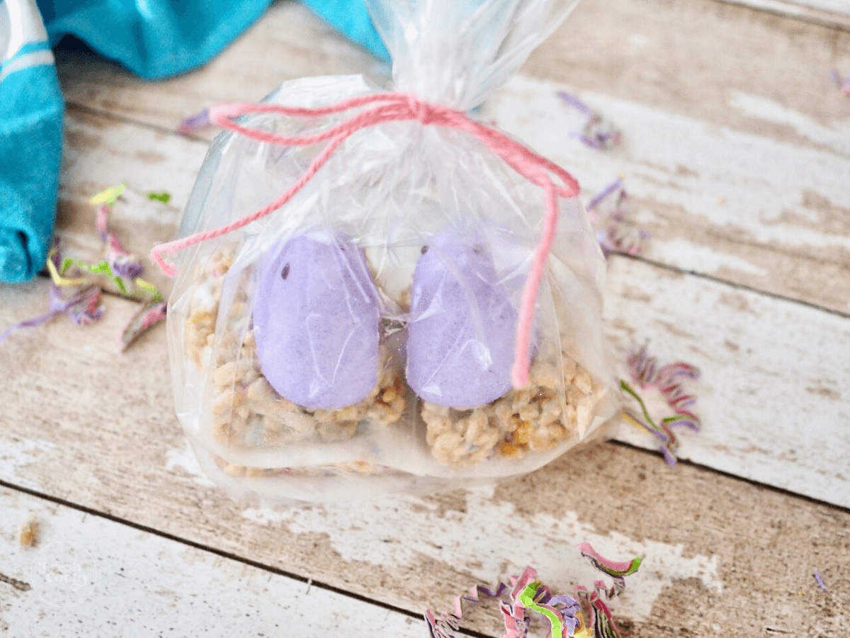 Packaging idea for Peeps Rice Krispie Treats in cello bag tied with ribbon.