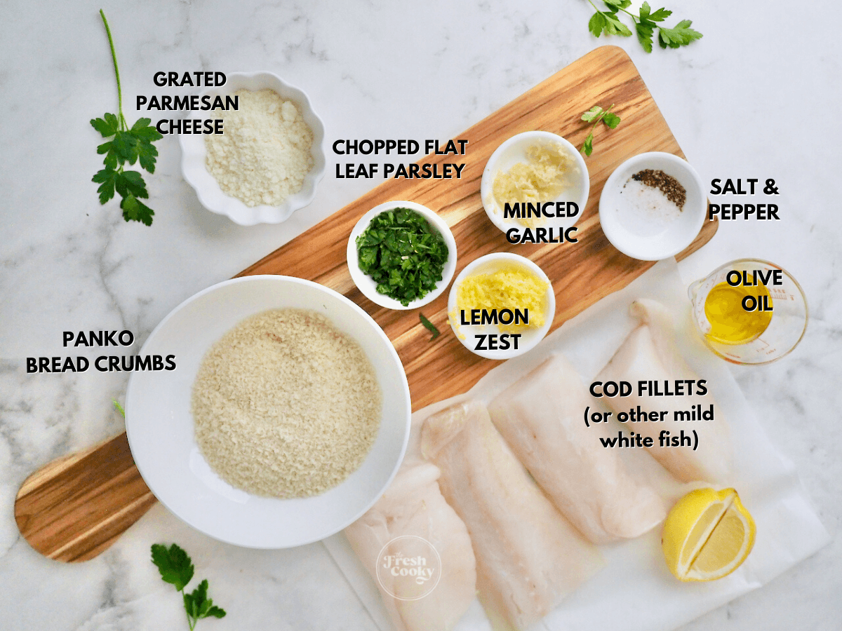 Labeled ingredients for Panko Parmesan Baked Cod recipe.