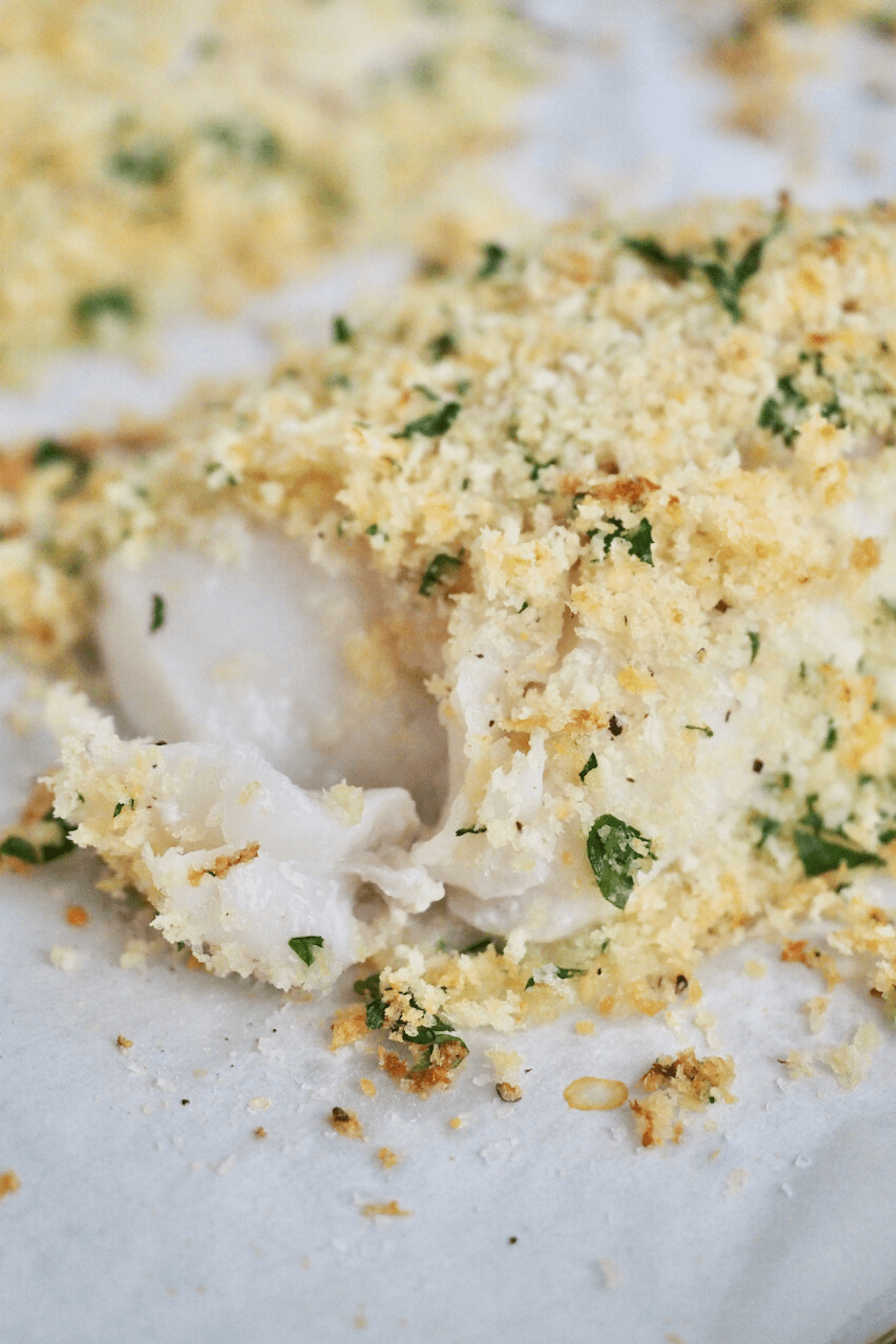 Tender flaky moist panko parmesan baked cod on plate. 