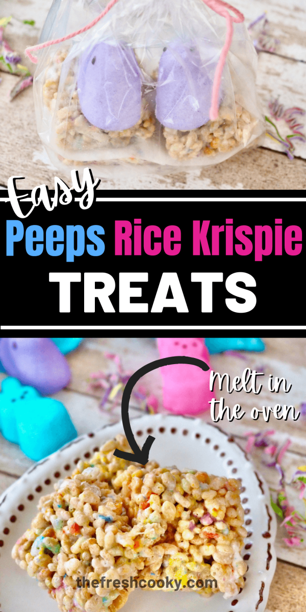 Peeps Rice Krispie Treat Recipe pin with peeps in cello bag, bottom image of treat squares on egg shaped plate.