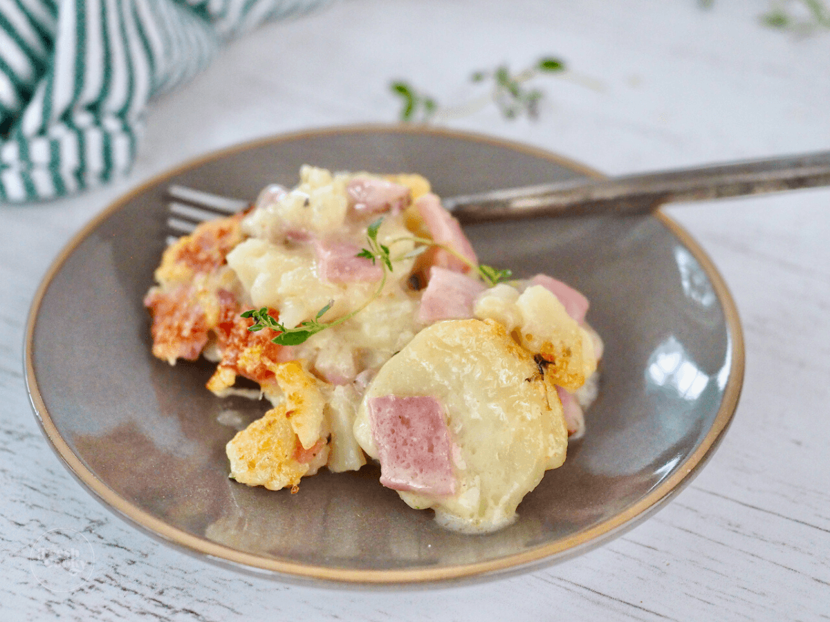 Rustic plate with serving of cheesy scalloped potatoes with ham.