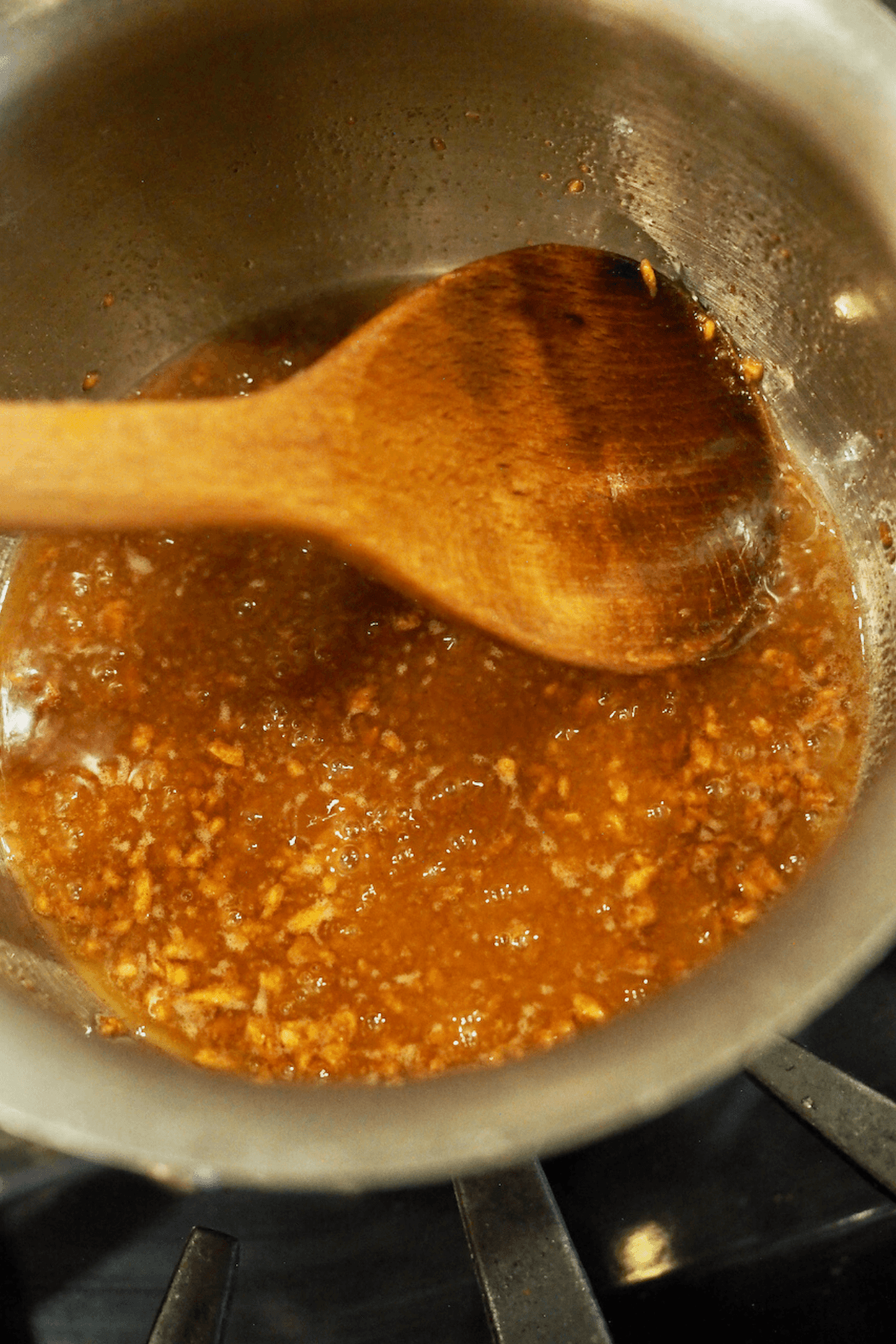 Lemon garlic butter sauce in saucepan.
