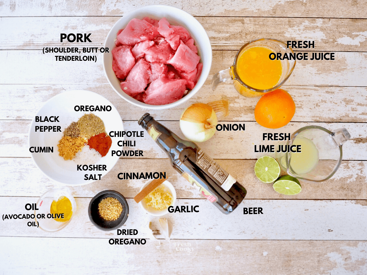 Labeled ingredients for instant pot carnitas.