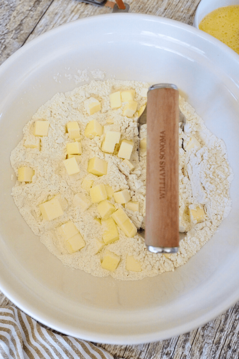 Add cold pieces of butter and mix in until crumbs form. 