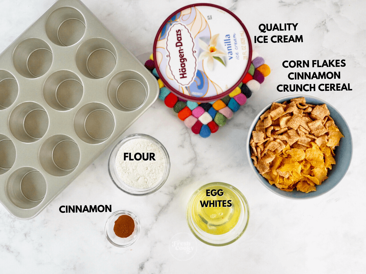 Labeled ingredients for air fryer fried ice cream.