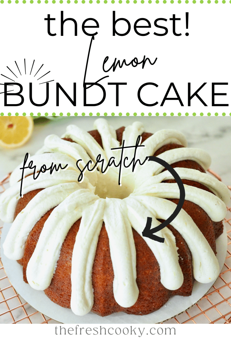 Best lemon bundt cake pin with image of whole lemon bundt cake on wire rack with fingers of lemon cream cheese frosting.