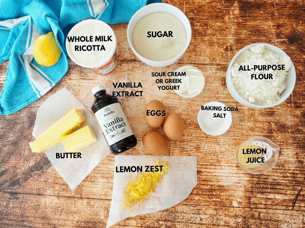 Labeled ingredients for Italian Lemon Ricotta Cake recipe.