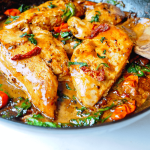 Creamy Tuscan Chicken recipe in skillet with wooden spoon and spinach and tomatoes.