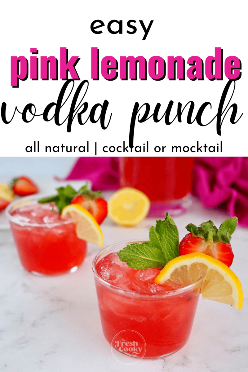 Pin for easy pink lemonade vodka punch with image of two short glasses of pink lemonade with vodka.