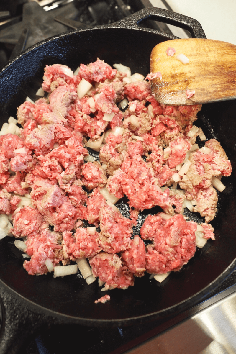 browning ground beef and onions in cast iron skillet. 