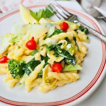 Gemelli pasta recipe with veggies and red peppers on plate with lemon, garlic and broccoli and spinach.
