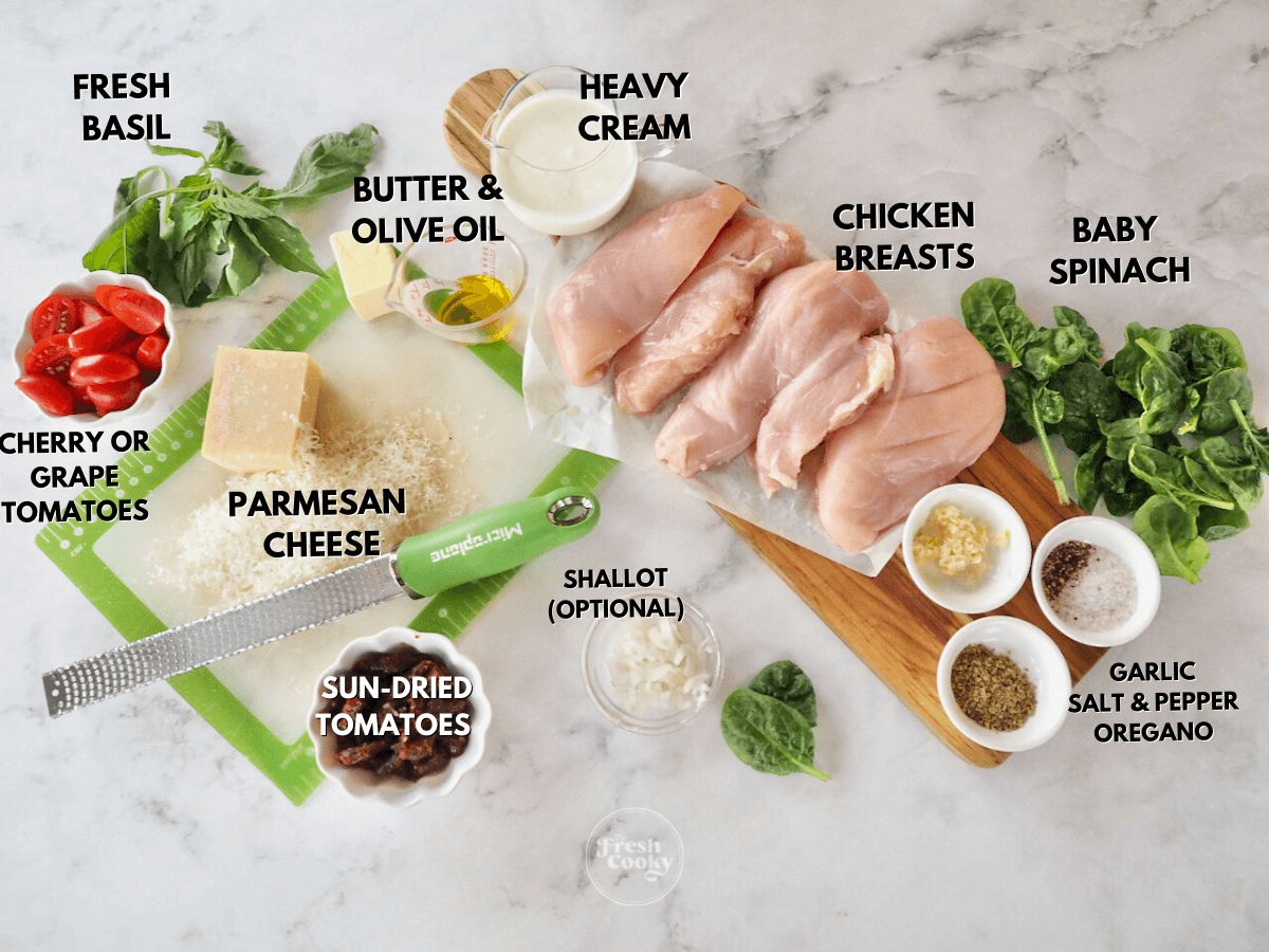Labeled ingredients for Tuscan chicken.