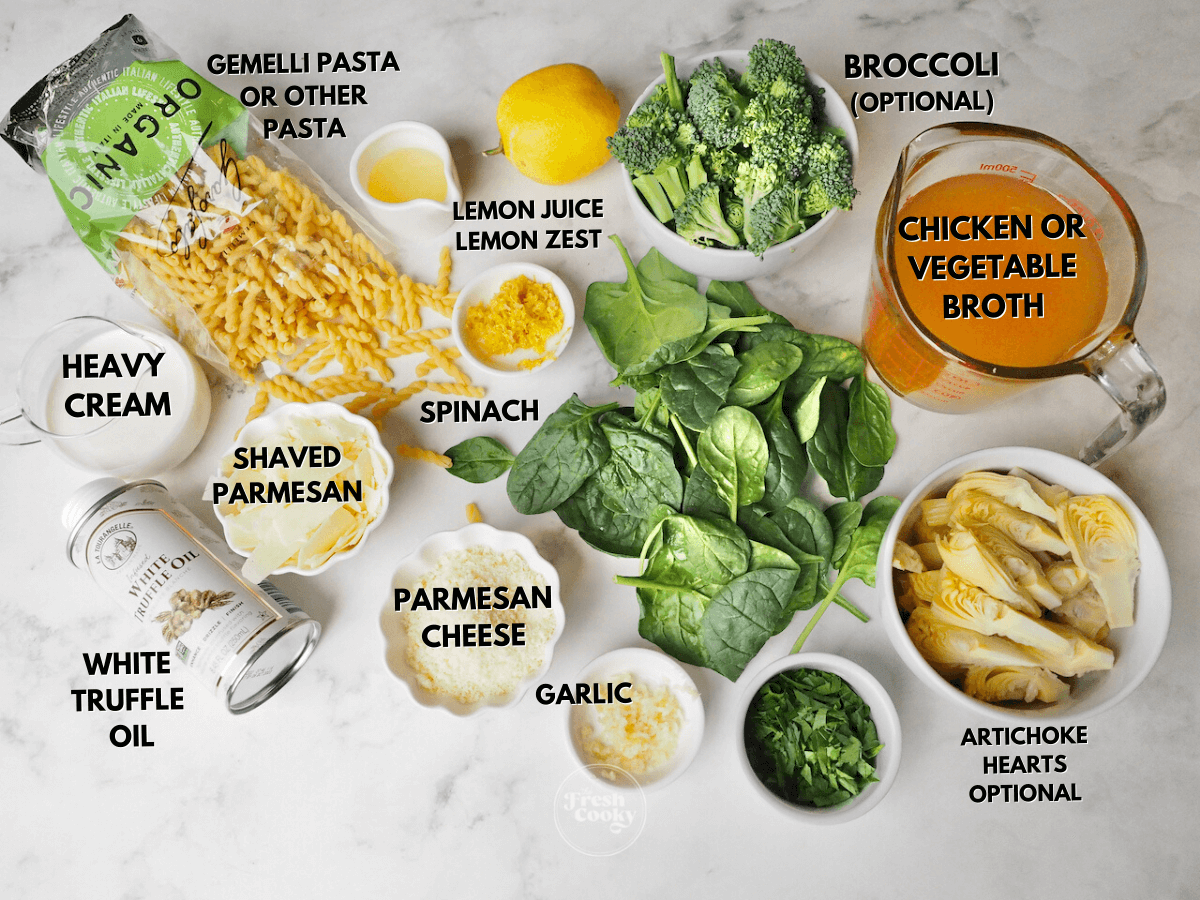 One pot lemon garlic pasta labeled ingredients.