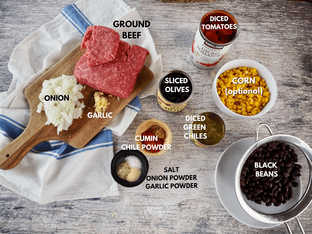 Labeled ingredients for tamale pie recipe. 