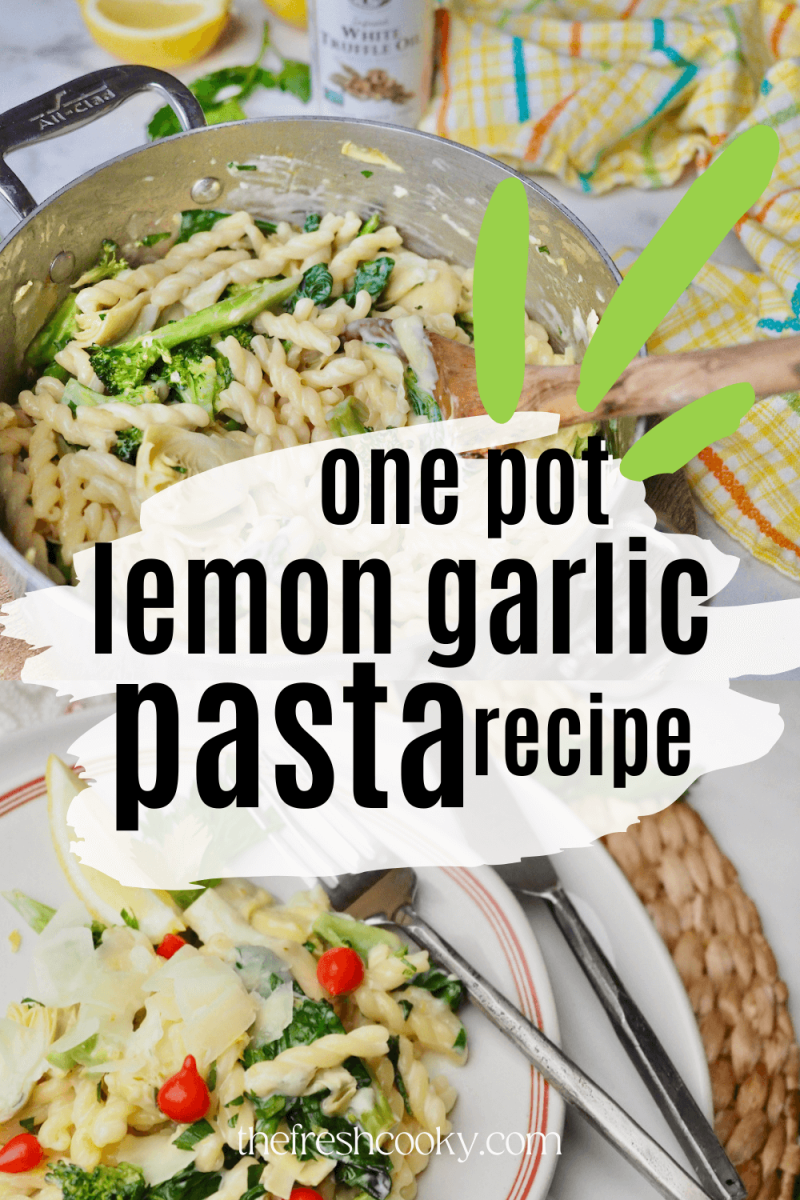 Pin for one pot lemon garlic pasta recipe with top image of pot filled with cooked creamy pasta and bottom image of plated gemelli pasta garnished with peppers, parsley and shaved parmesan.