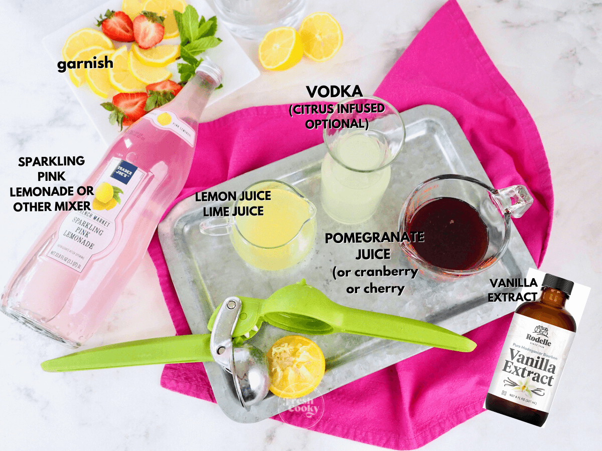 Labeled ingredients for pink lemonade vodka drink.