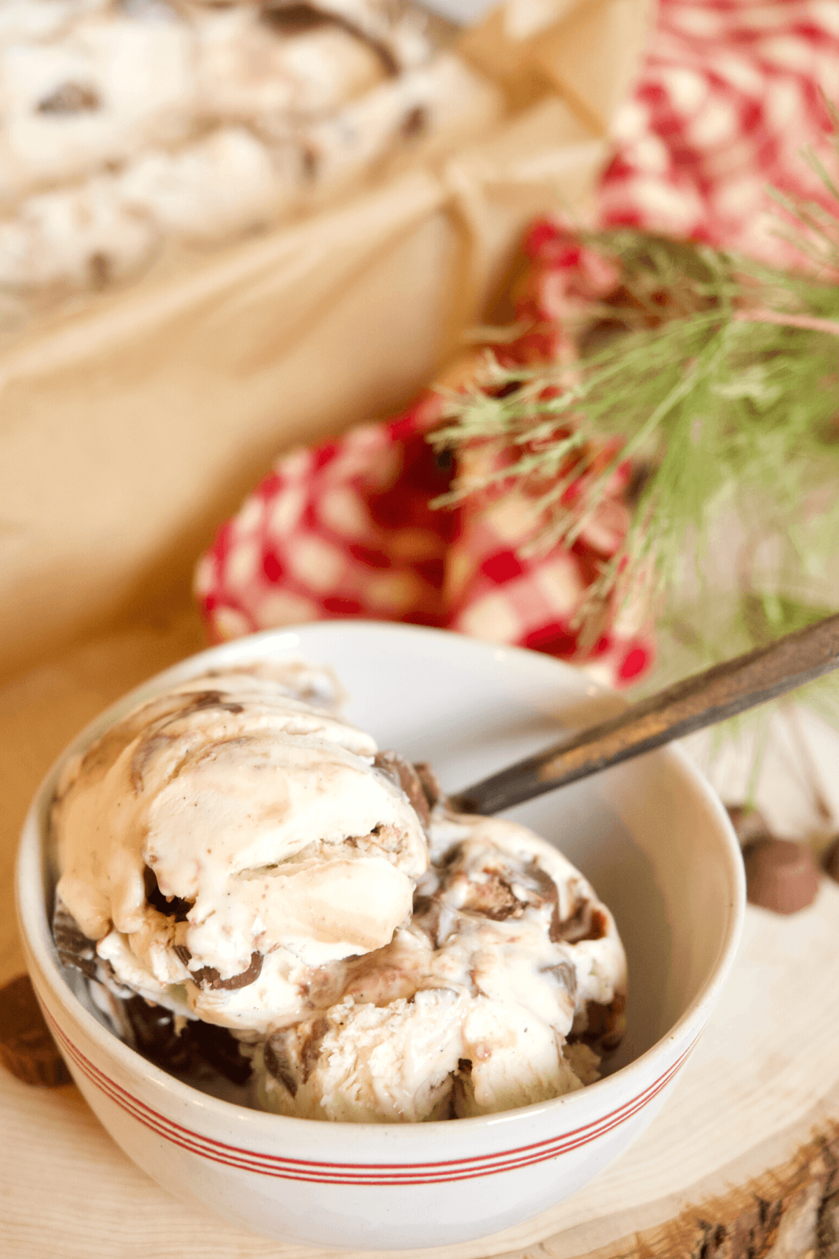 Moose tracks ice cream no churn scooped into small bowl with rustic spoon and checkered napkin behind with pine bough in shot.