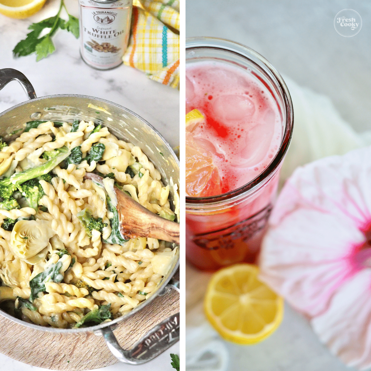Fresh Fridays post with one pot lemon garlic pasta and Passion Tea Lemonade Cooler.