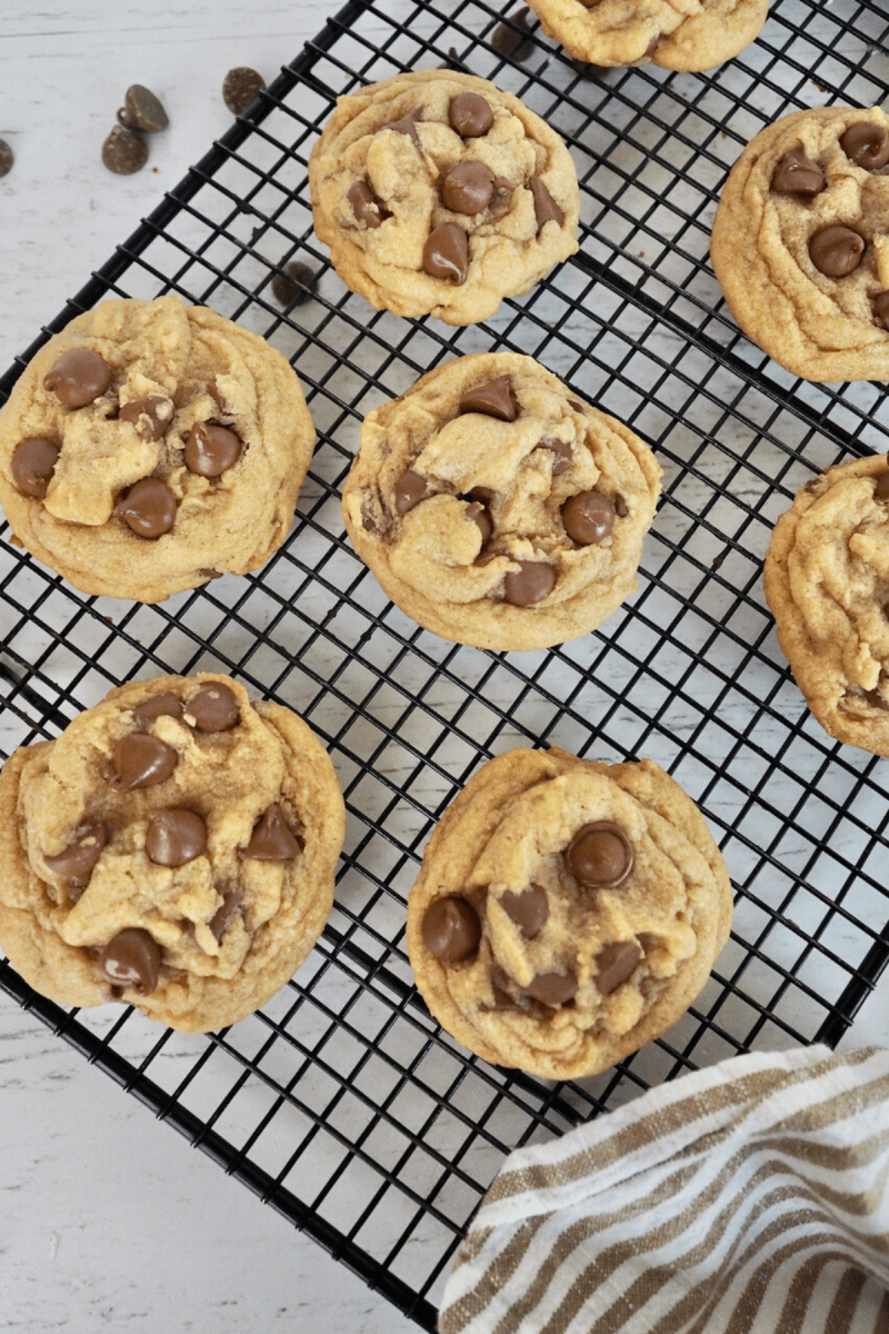 Mini Chocolate Chip Cookies on cooling rack.