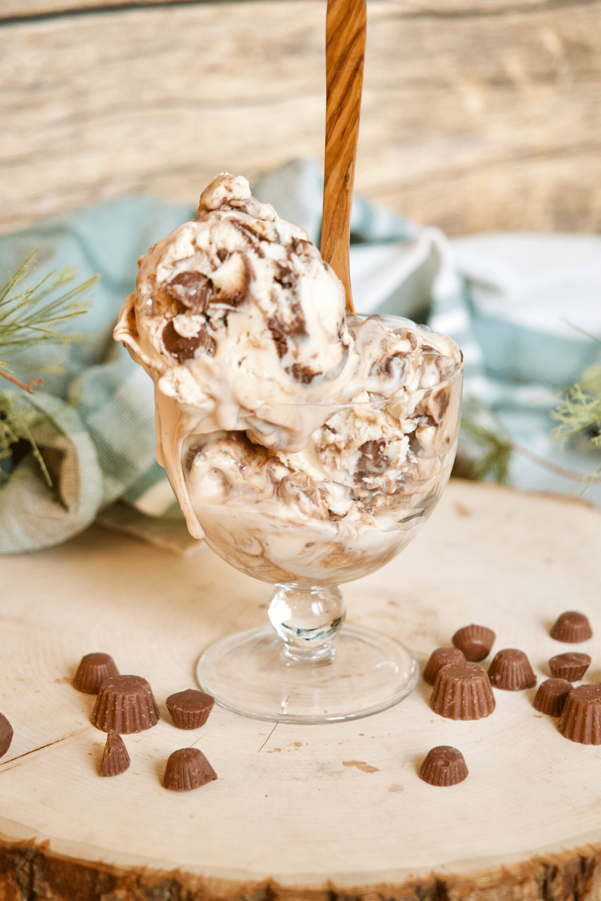 Image of moose tracks ice cream in glass ice cream bowl with wooden spoon in the top.