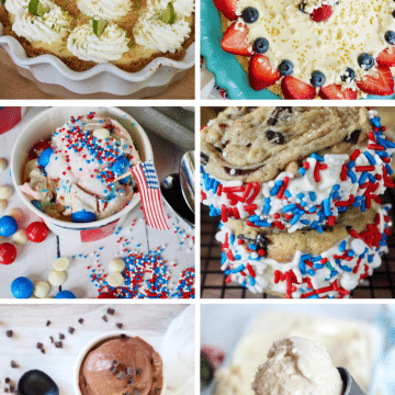 6 image grid of desserts to make for independence day, l-f key lime pie, lemon ice box pie, patriotic ice cream, ice cream cookie sandwiches, homemade chocolate ice cream, old-fashioned vanilla bean ice cream.