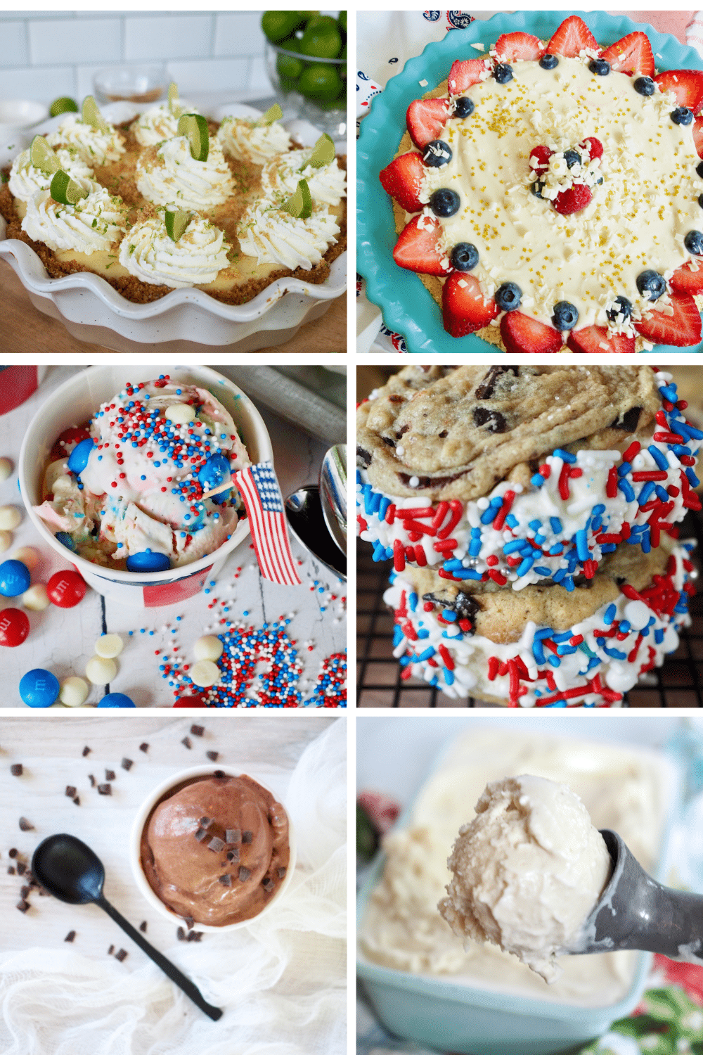 6 image grid of desserts to make for independence day, l-f key lime pie, lemon ice box pie, patriotic ice cream, ice cream cookie sandwiches, homemade chocolate ice cream, old-fashioned vanilla bean ice cream.