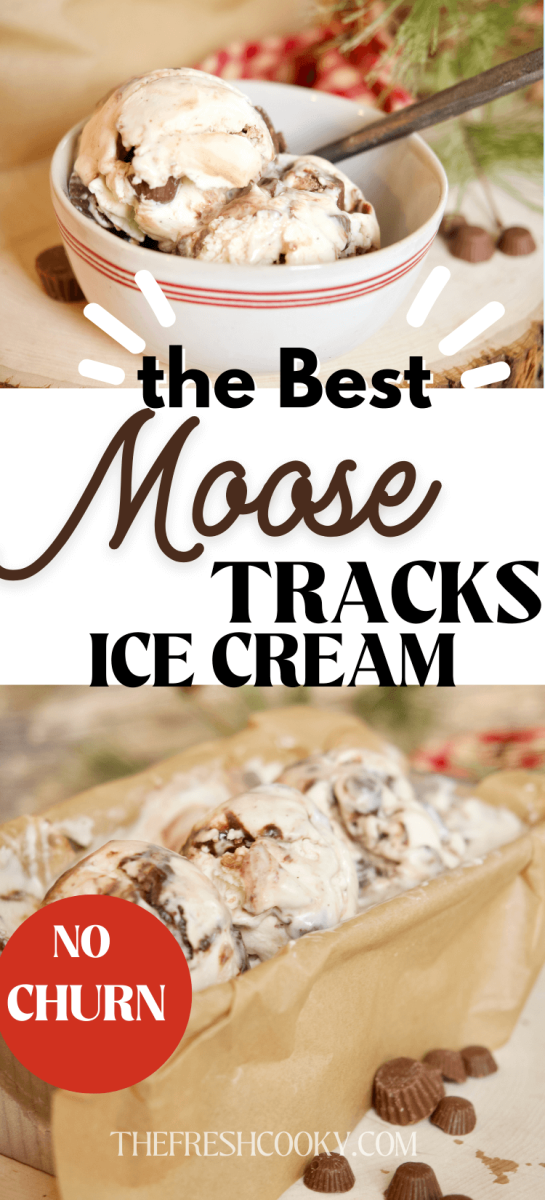 Long pin for moose tracks ice cream with top image of bowl filled with two scoops of creamy moose tracks ice cream, bottom image of pan filled with frozen ice cream, scooped and ready to serve.