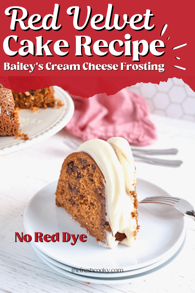 Red Velvet Cake recipe pin with sliced on a plate topped with Bailey's cream cheese frosting.
