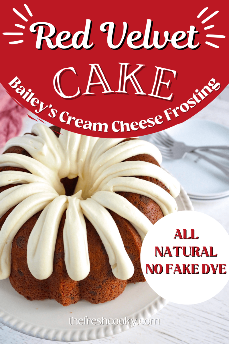 Red Velvet Bundt Cake with Bailey's Cream Cheese Frosting with image of bundt on cake platter, thick fingers of frosting.