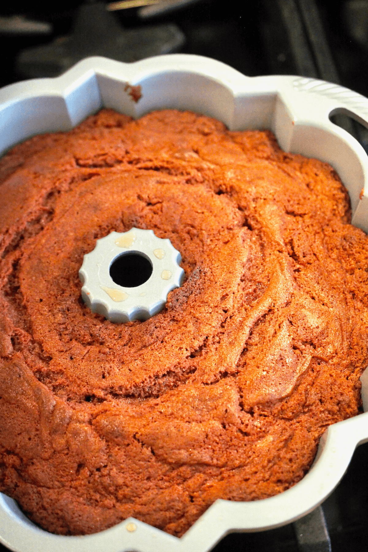 Red Velvet bundt cake out of the oven.