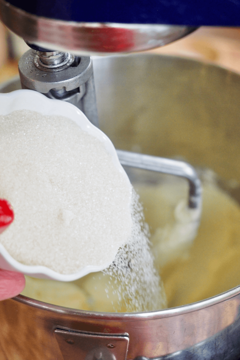 Creaming sugar with butter for crumbl cookies.