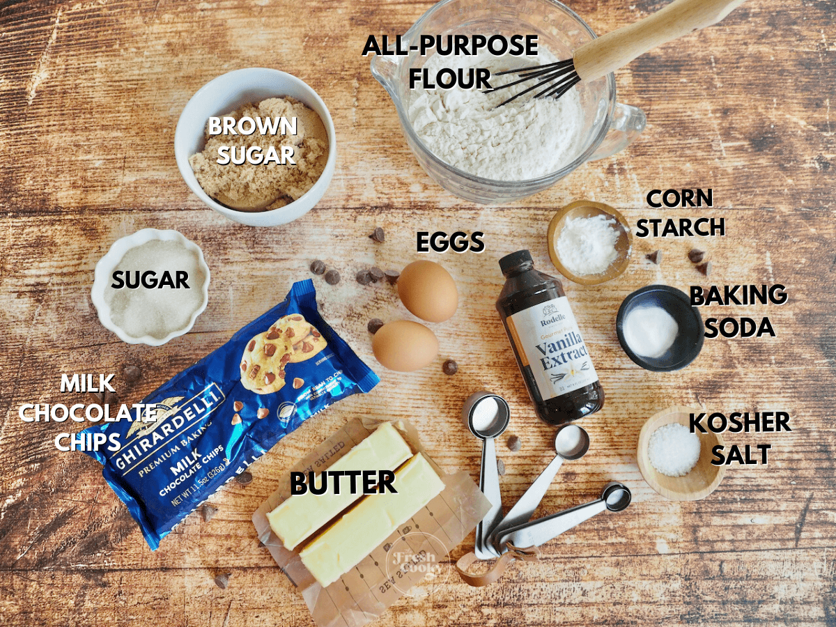 Labeled ingredients for copycat Crumbl chocolate chip cookie recipe.
