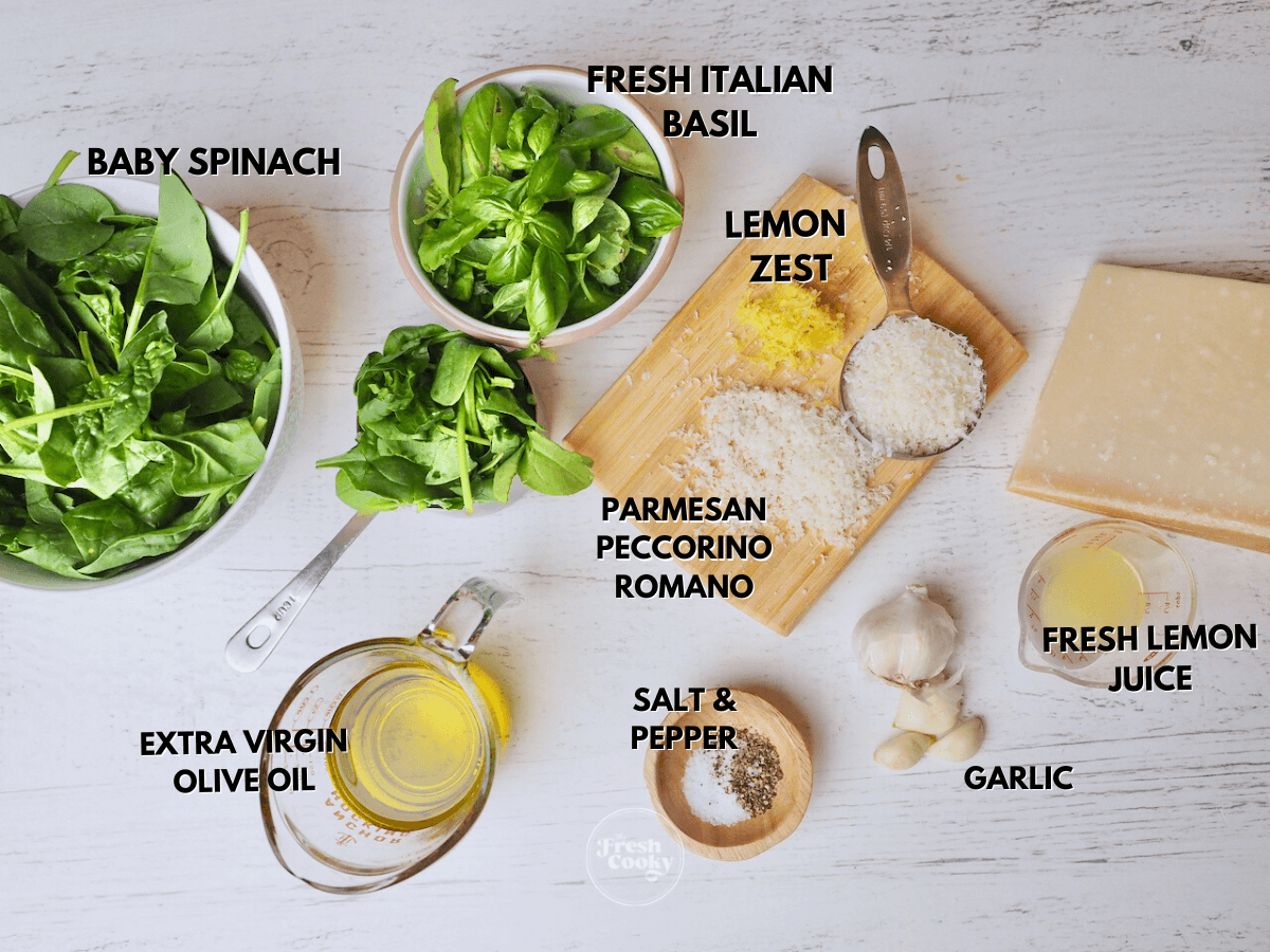 Labeled ingredients for how to make pesto without nuts.