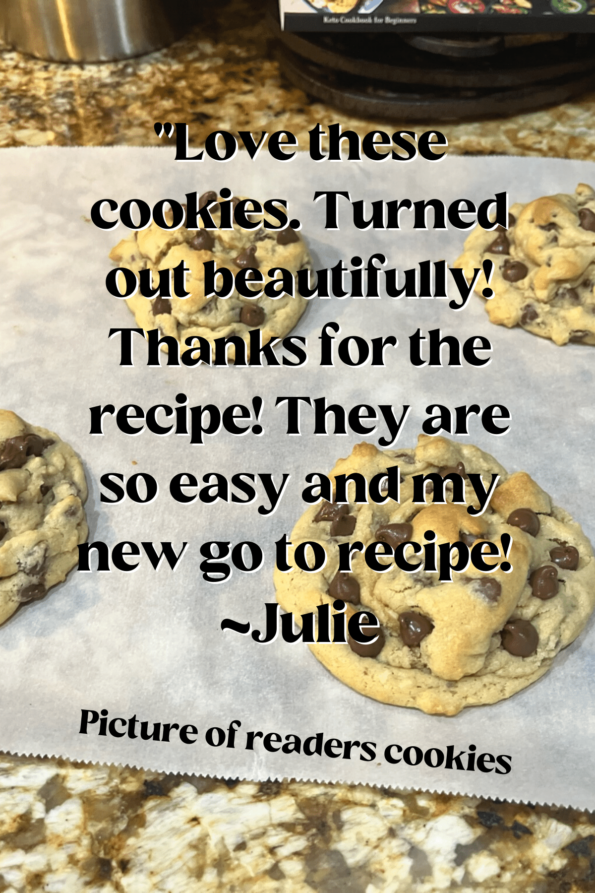 Image of readers copycat Crumbl Chocolate Chip Cookies on parchment paper. 