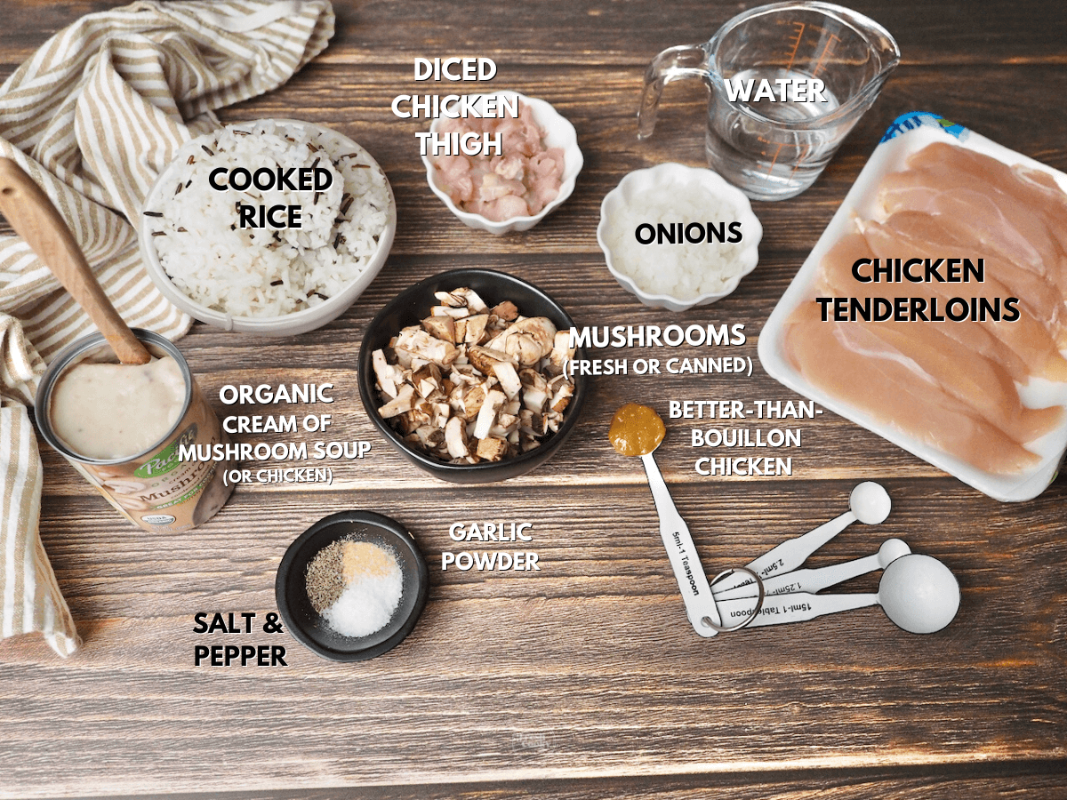 Labeled ingredients for Copycat Cracker Barrel Chicken and rice