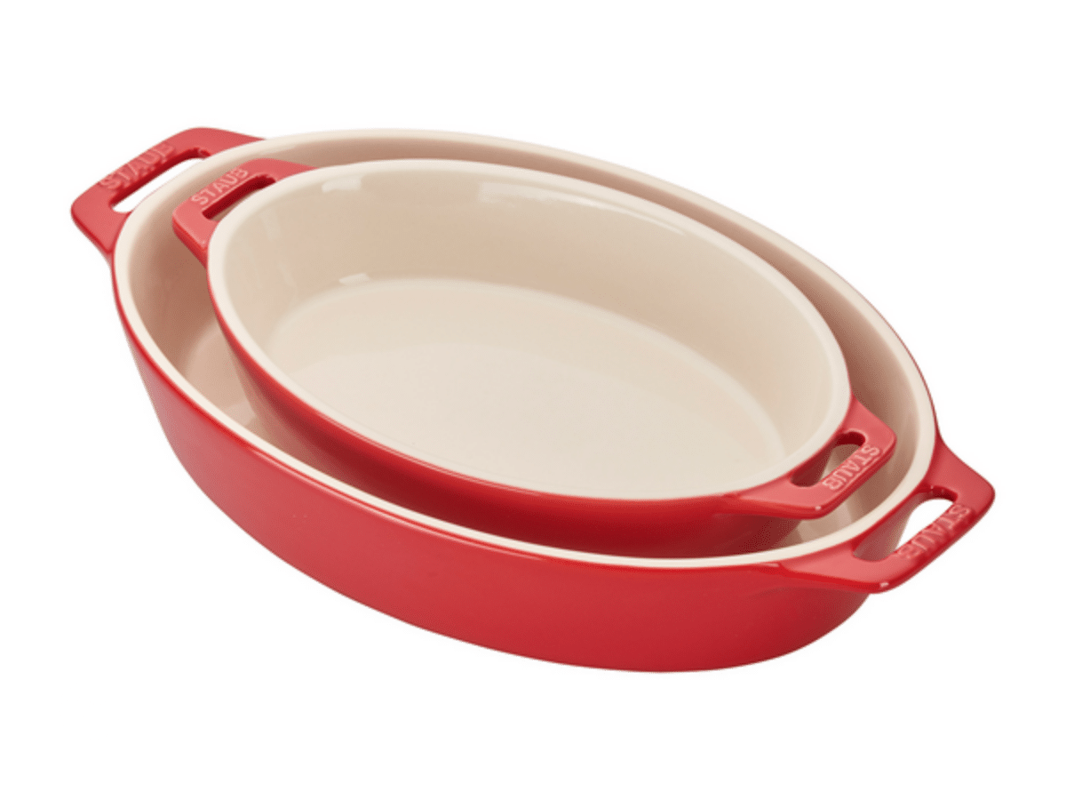 Staub Oval Bakers in red.