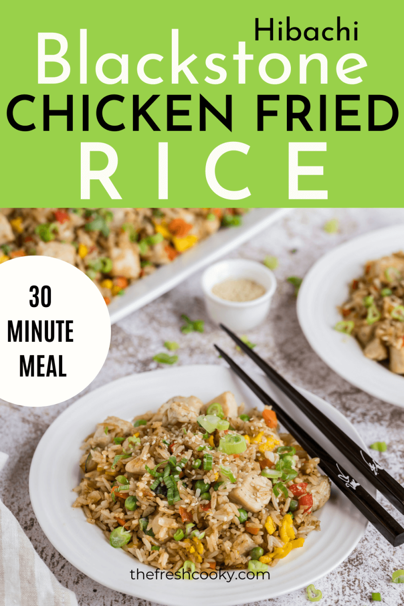 Pin for blackstone chicken fried rice with dishes of plated fried rice with chopsticks on the side.