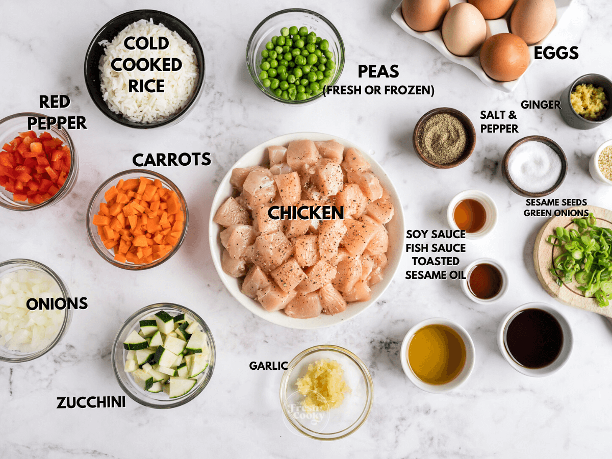 Chicken fried rice labeled ingredients.
